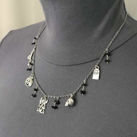 “All Hallows Eve" Handmade Silver Halloween Charm Necklace Haunted House Pumpkin - Picture 5 of 15